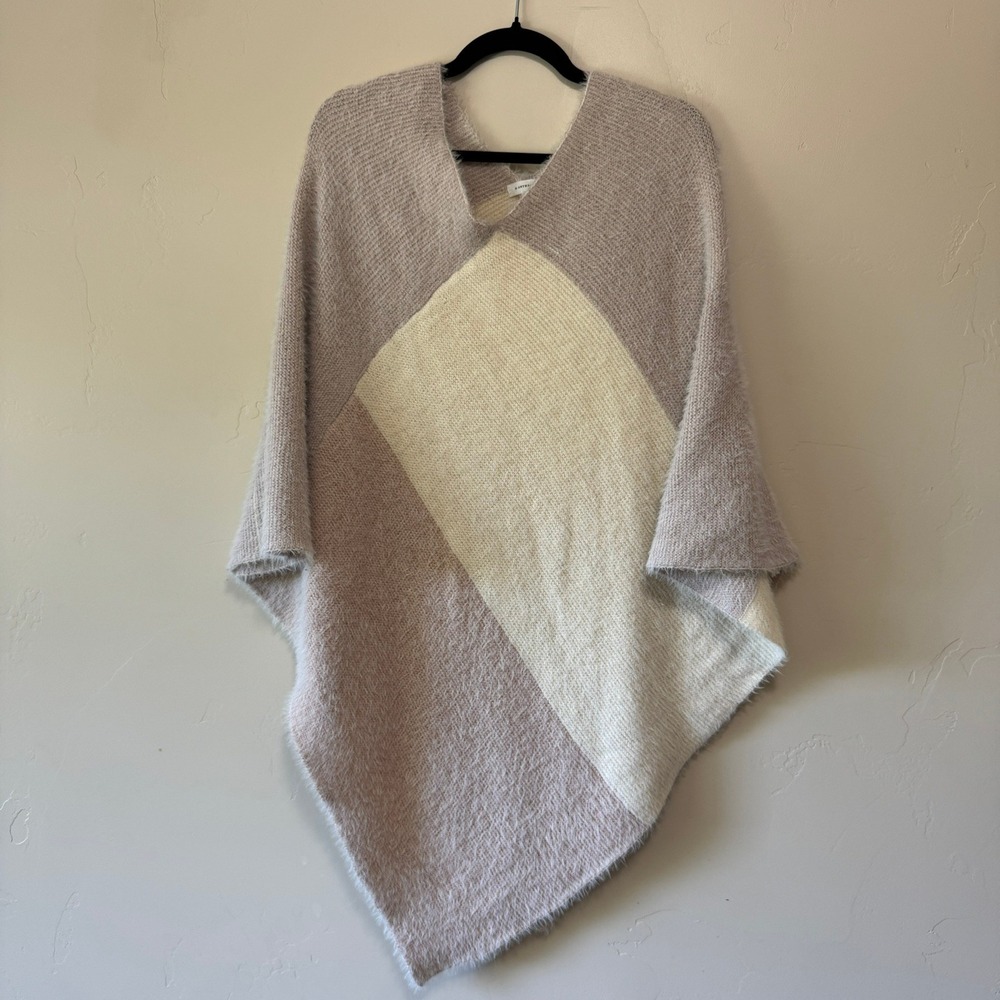 Anthropologie Poncho Womens OS Tan Colorblock Eyelash Knit Asymmetrical Wrap